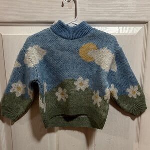 Zara Blue & Green Floral Scenic Turtleneck Sweater